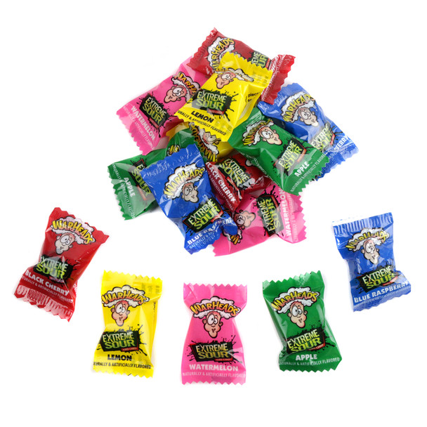 Warheads super sour candy, 115 pieces. Rainbow colored fruity flavors: Black Cherry, Blue Raspberry, Sour Apple, Lemon, Watermelon.