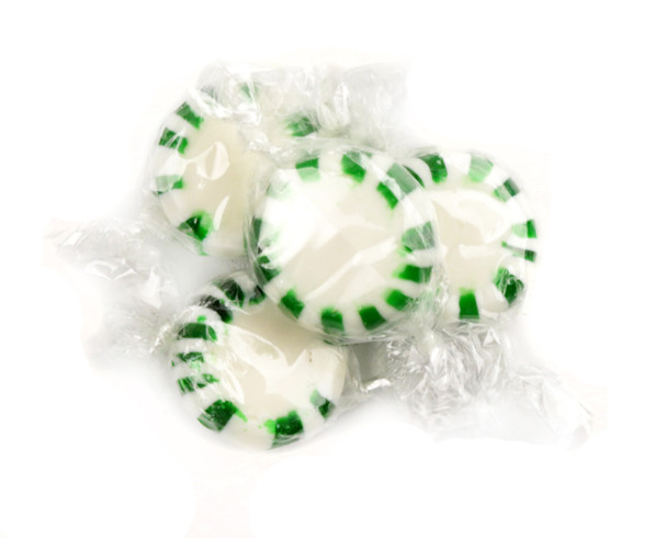 Bright green striped Quality Spearmint Starlight Mints, 5LB bulk bag, individually wrapped, approx 500 mints.