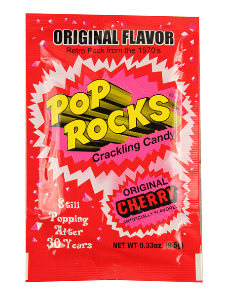 Pop Rocks Original Cherry candy, 20 boxes, 24 packs each. Red 1970s retro packaging.