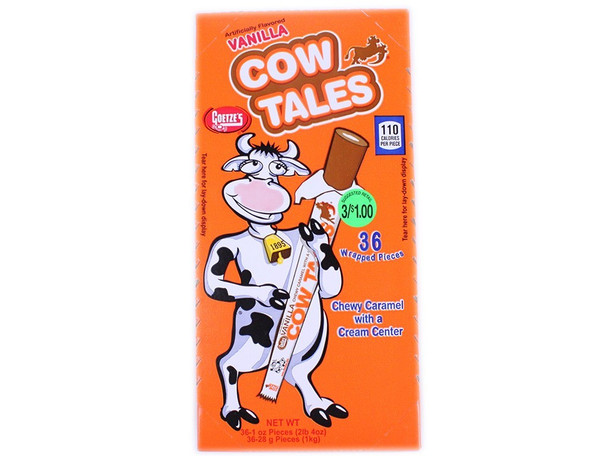 Vanilla Goetze's Cow Tales, 36 white caramel sticks with cream center, 6.5 inches long, 12 boxes total.