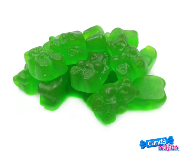 Bright green gummy bears, sour granny smith apple flavor. 5lb bulk bag, 4 count, approximately 725 pieces.