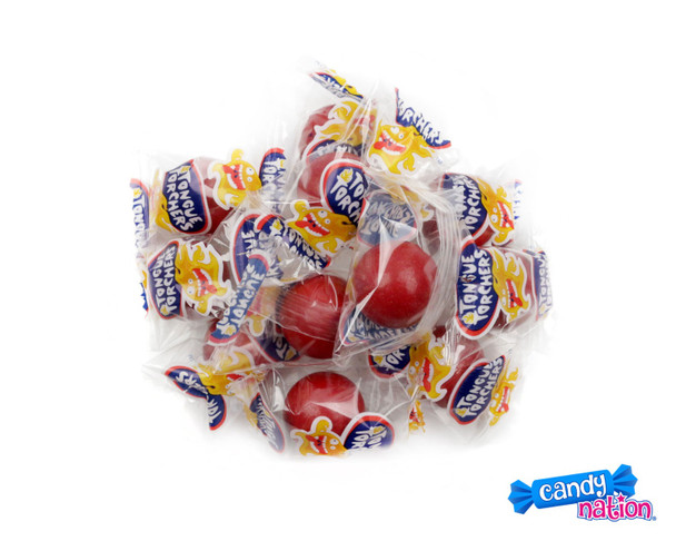 Tongue Torchers hot cinnamon jawbreakers, 30 LB case, vibrant red, individually wrapped, fiery spicy candy.