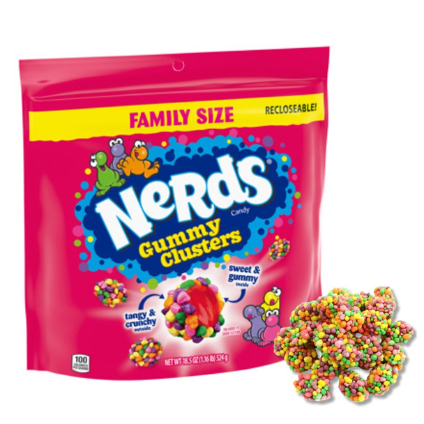 5 count, 18.5oz vibrant rainbow Nerds Gummy Clusters. Crunchy candy surrounds sweet, fruity gummy centers.