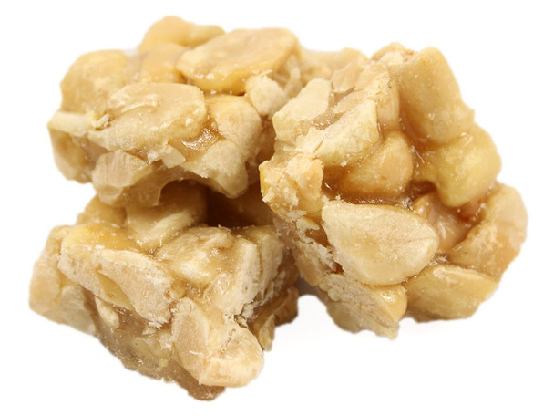 Large 25lb bulk box of golden brown Peanut Squares, packed with crunchy peanuts and sweet candy brittle.
