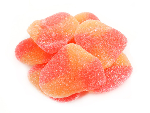 Haribo Gummy Peach Slices, orange and yellow peach-shaped candies, 6 x 5lb bulk packs.