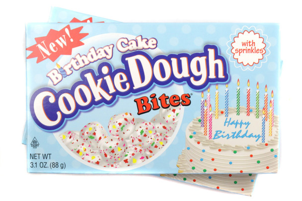 Cookie Dough Bites Birthday Cake morsels, white frosting, colorful sprinkles, 12 pack of 3.1oz boxes.