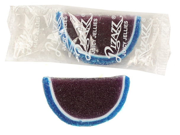 Individually wrapped blue blueberry jelly fruit slices, 20lb bulk box, approx 640 pieces.