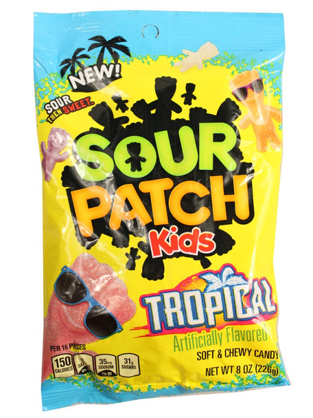 Sour Patch Kids Tropical 12 pack, 5oz bags. Bright tropical colored paradise punch, pineapple, passion fruit gummies.
