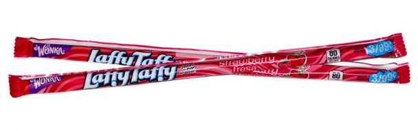 24 count display box of pink 10-inch Laffy Taffy Ropes, bursting with sweet Strawberry flavor.