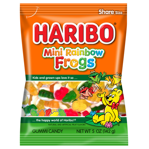 Haribo Mini Rainbow Frogs, bright multi-colored gummy candy, 12 five-ounce packs.