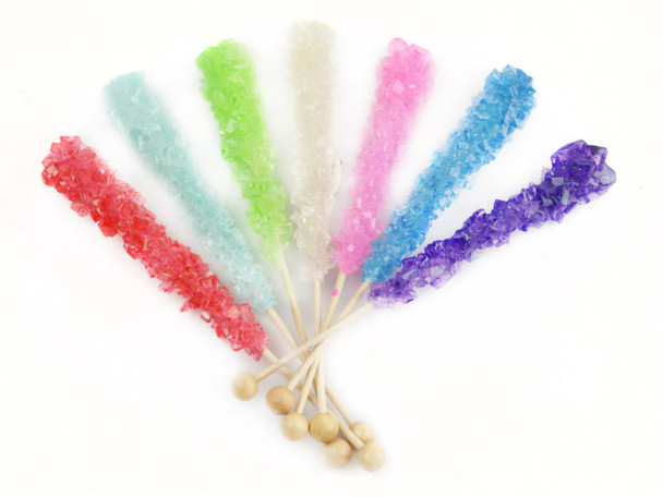 120 bulk, individually wrapped, assorted rock candy sticks. Vibrant, colorful, 6 inches long.