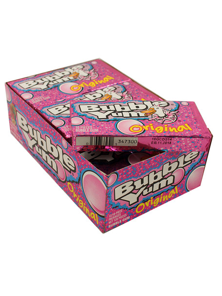 Bubble Yum Original Big Packs gum, 12 boxes, 12 packs per box. Classic pink bubble gum, 10 pieces per pack, 2.8oz.