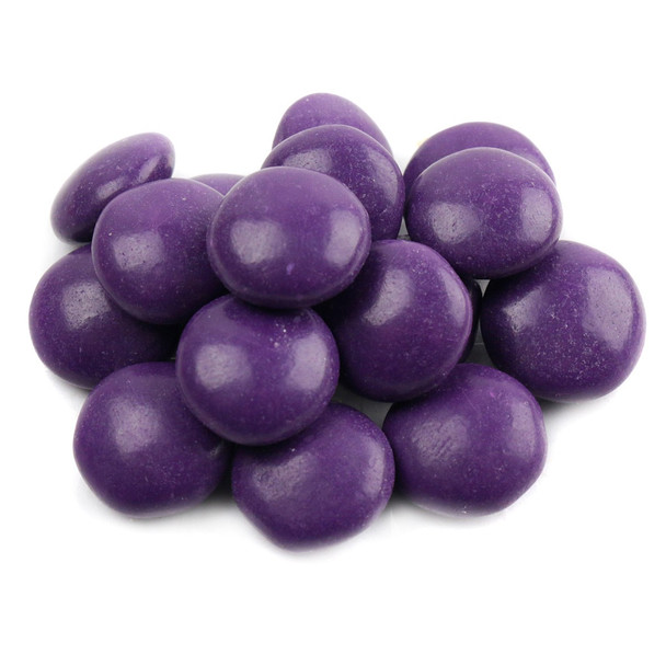 Rich milk chocolate gems with crunchy purple candy shell, approx 400 per pound.