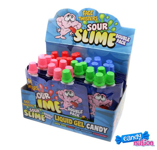 Face Twisters Sour Slime, 18 pieces, squeezable double dispenser, red, green, blue liquid gel candy.
