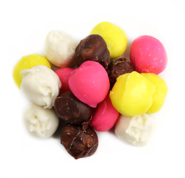 Coconut Bon Bons, 5Lb 4 pack. Bite-sized with cream coconut centers, assorted white, pink, yellow, brown fondant.