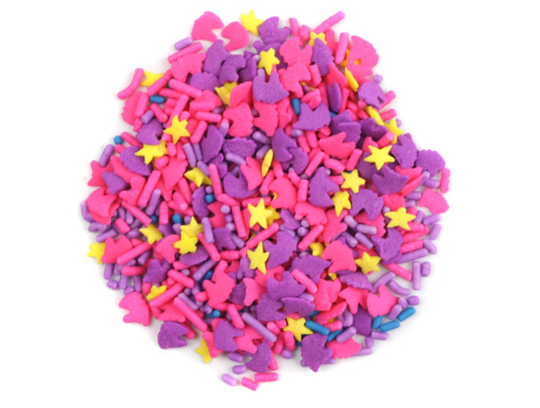 6 LB box of magical unicorn and pastel sprinkles, purple and yellow, with unicorn shapes for cakes.