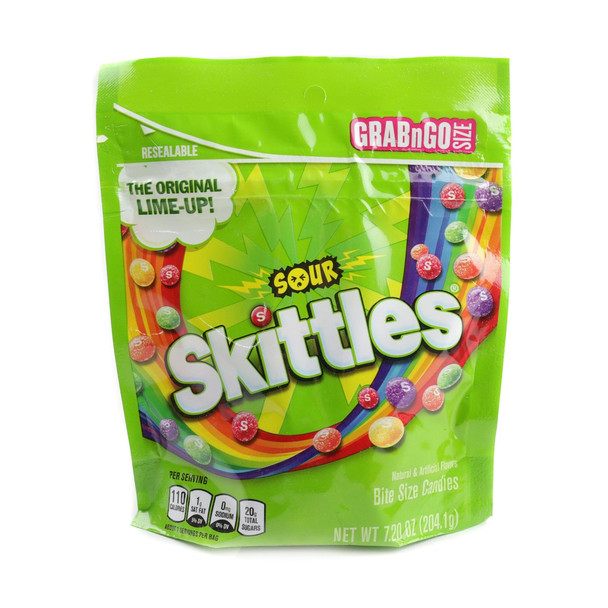 Sour Skittles, 8 count 7.2OZ bags. A rainbow of red, green, yellow, orange, purple sour candies.