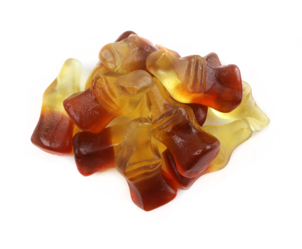 Haribo Gummy Happy Cola Bottles, realistic brown & clear, approx 1 inch, 6x 5lb packs, 30 lbs total, bulk candy.
