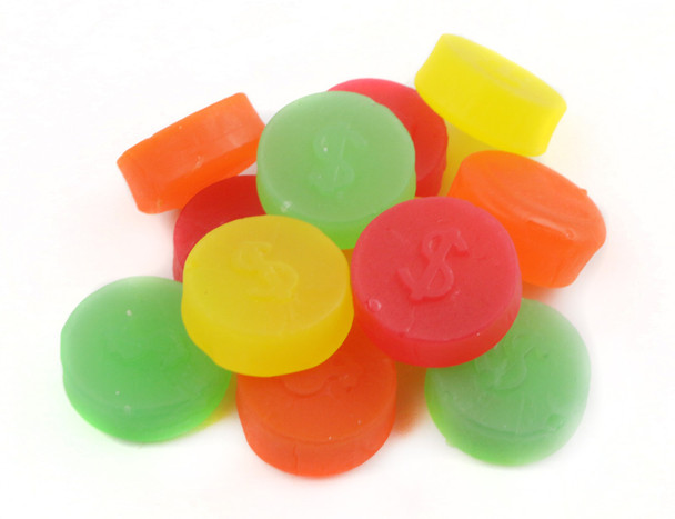 Assorted red cherry, orange, yellow lemon, green lime Juju Coins with dollar symbols, 15lb box.