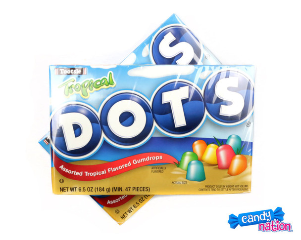 12-pack Dots Candy Tropical Theater Boxes, 6.5oz each, vibrant assorted fruit flavors like mango, grapefruit, melon, punch.