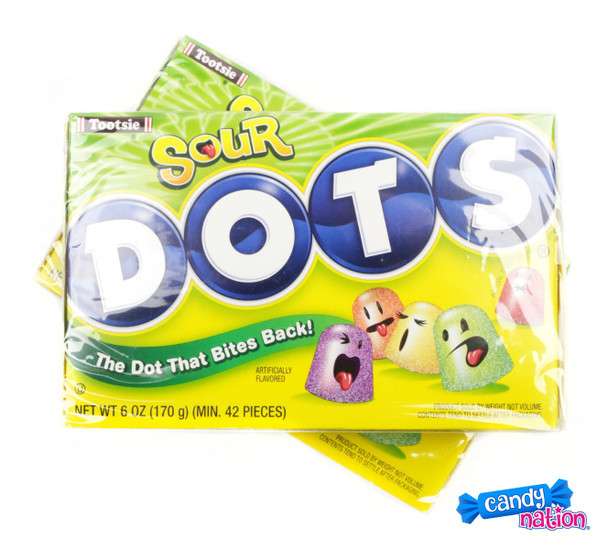 12 Sour Dots candy theater boxes, 6oz each. Grape, orange, green apple, lemon, cherry sour candies.