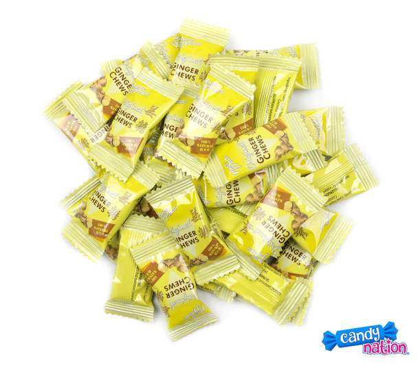 1lb, 105 vibrant yellow, individually wrapped, sweet and spicy Original Ginger Chews. Bulk 12-pack, gluten-free, vegan.