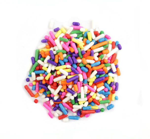 Bright Carnival Sprinkles, 6lb box. White, blue, light green, orange, pink, purple, red, yellow assortment.
