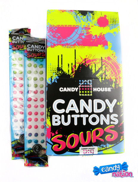 Sour Candy Buttons box, 24 individually wrapped packs, red watermelon, blue raspberry, green sour apple candy.