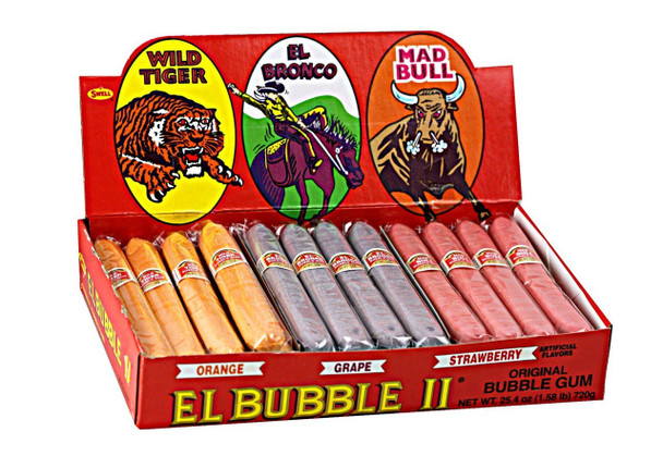 Concord El Bubble II Bubble Gum Cigars, 36 count, 12 packs. Retro orange, grape, strawberry in bright red box.
