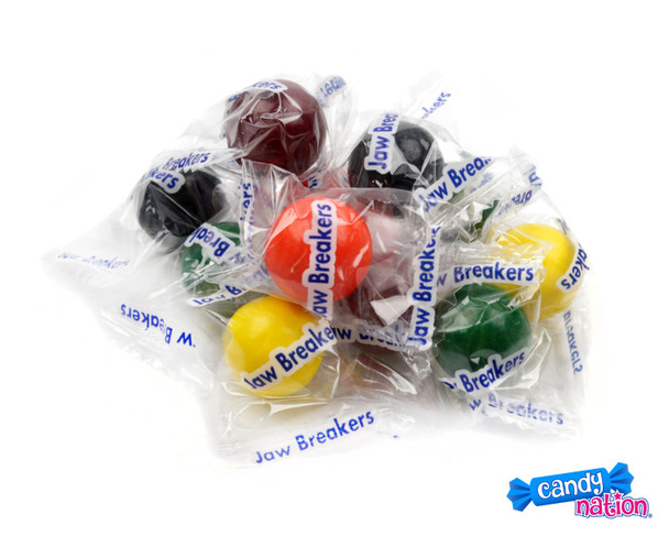 30 LB bulk Wrapped Jawbreakers, individually wrapped, vibrant rainbow colors, lemon, grape, orange, apple, cherry flavors.