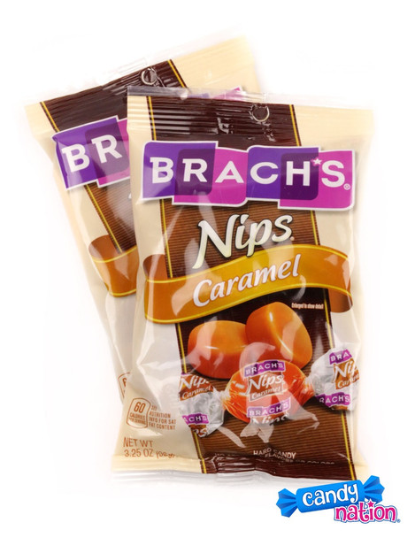 Brach's Caramel Nips hard candy, 12 x 3.25oz bags, rich brown caramel flavor, about 14 pieces per bag.