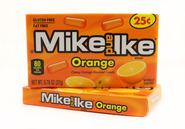 Mike and Ike all orange candies, 24 individual .78 oz boxes, 16 citrus orange pieces each.