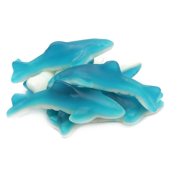 Vibrant blue, shark-shaped gummy candy, 2.2LB bag, approximately 132 individual pieces, perfect for parties.
