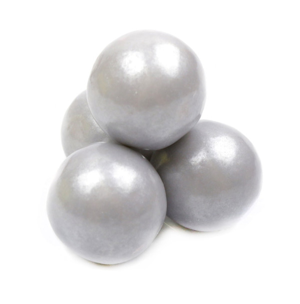 Pearly silver 1 inch gumballs, 2lb bag, approximately 120 pieces, tutti-fruitti flavor.