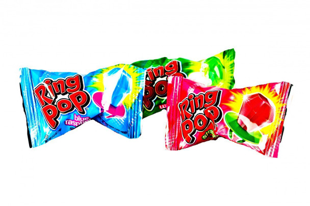 Ring Pops Fruit Box, 40 assorted wearable lollipops with red, blue, pink, purple, green candy jewel flavors.