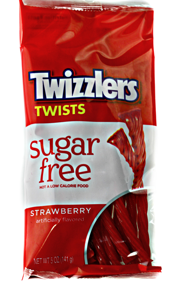 12 bags, 5oz each, of red Sugar Free Strawberry Twizzlers candy displaying iconic twisted shapes.
