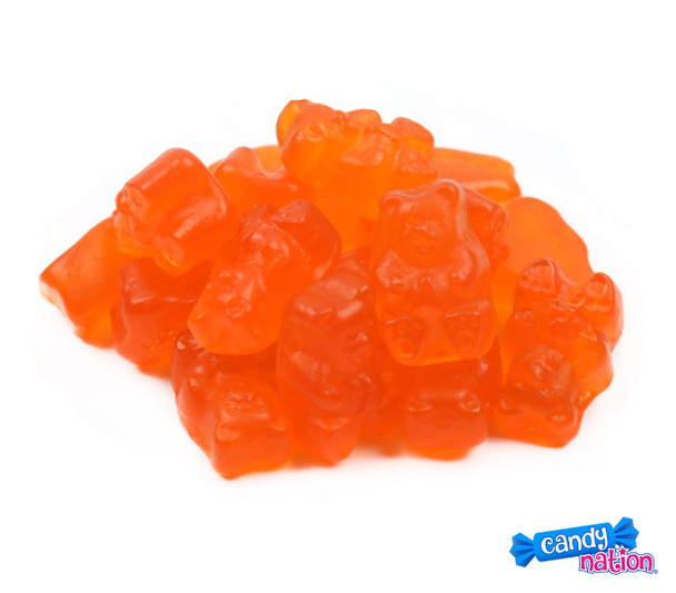 Four 5lb bags of bright orange, 1-inch long gummy bears with citrus orange flavor.