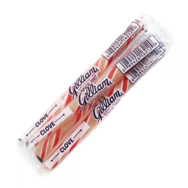 Box of 80 Gilliam Old Fashioned Clove striped hard candy sticks, individually wrapped.
