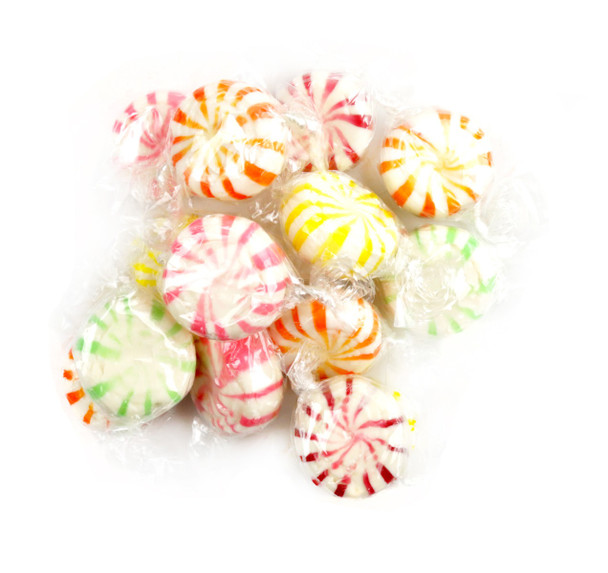 Quality Fruit Starlights, 5 count, 5lb bags. Assorted rainbow-colored fruity mints in a variety of colors.