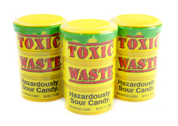 Toxic Waste Drums, 12 packs, 12 count. Super sour hard candy in green nuclear waste drum containers, assorted fruit flavors.