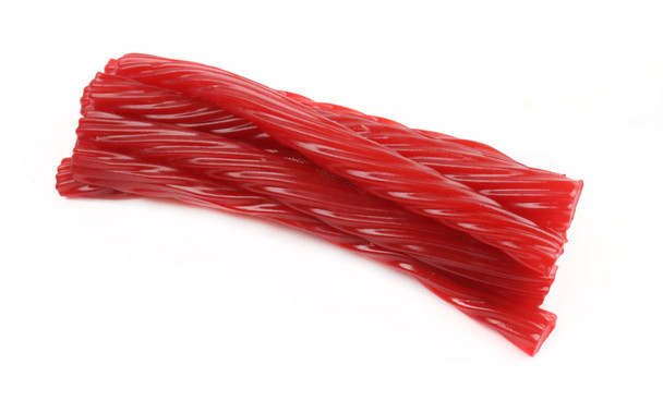 Reddish-brown jumbo cinnamon licorice twists, approx. 40 pieces per pound. 8oz bag.