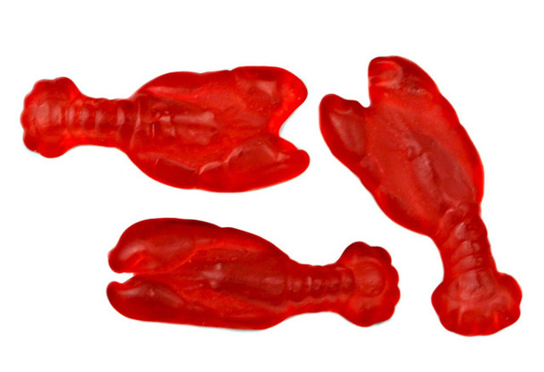 Four 5lb bulk bags of bright red, cherry flavored gummy lobsters. Delicious, chewy lobster-shaped candy.