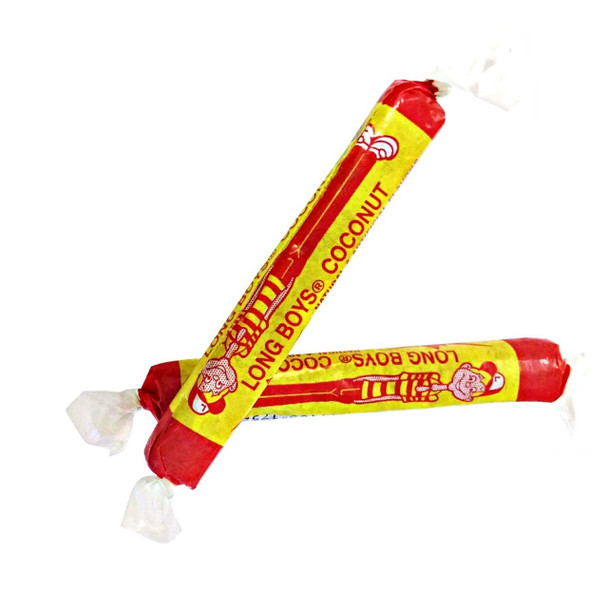 16 boxes of Coconut Long Boys Candy, 48 chewy caramel pieces per box, classic vintage wrappers.