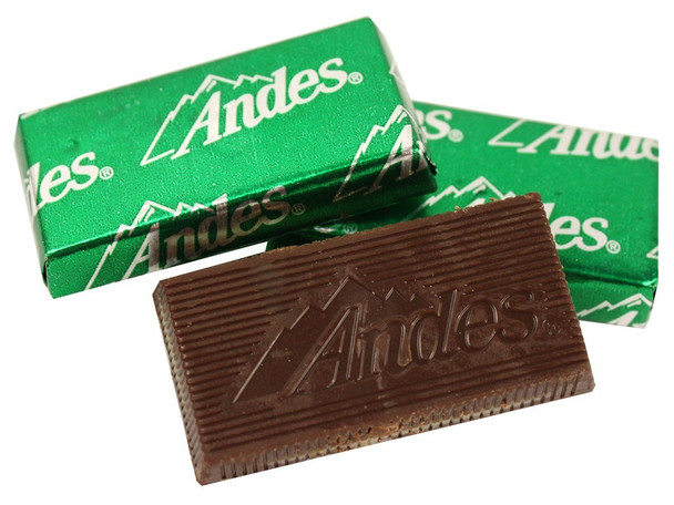 Andes Mints 20lb bulk candy, individually wrapped. Green mint between rich milk chocolate layers.
