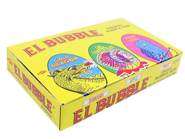 El Bubble Bubble Gum Cigars, 36 retro multi-flavor pieces. Bright yellow banana, light green apple, fun pink fruit.