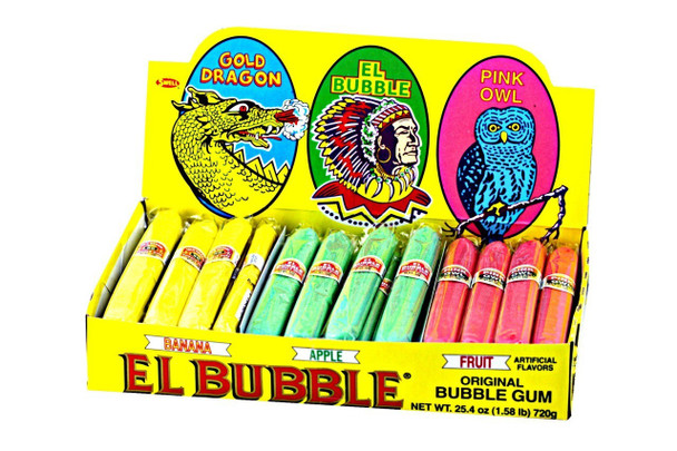 El Bubble Bubble Gum Cigars, 12 boxes. Yellow banana, green apple, pink fruit flavors.