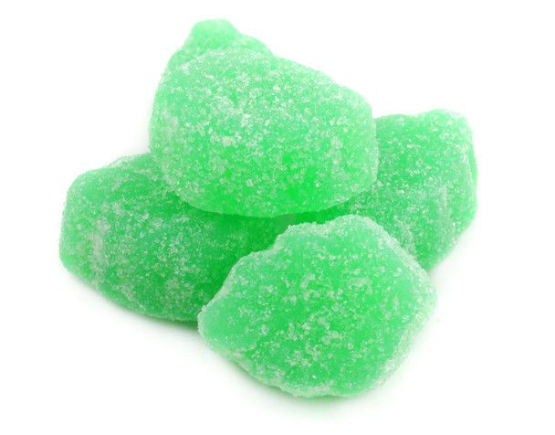 Bulk 31lb vibrant green, sugar-coated spearmint leaf jelly candies. Traditional Christmas candy for buffets.