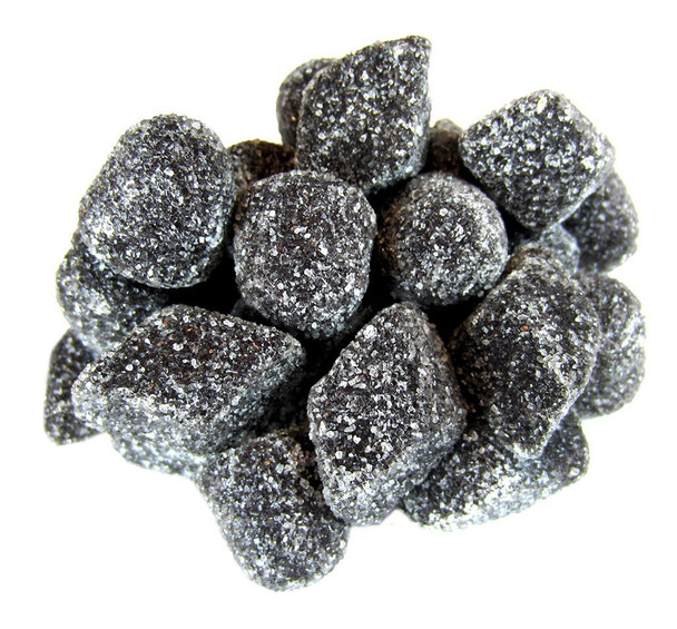 Three 2.2 LB bags of diamond-shaped black licorice Dutchies with sweet sugar coating.