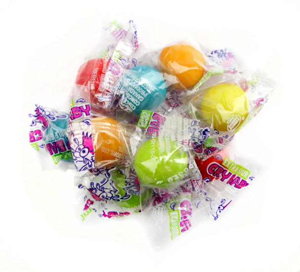 850 individually wrapped Cry Baby Sour Gumballs. Assorted yellow, red, green, orange, purple sour candy mix.