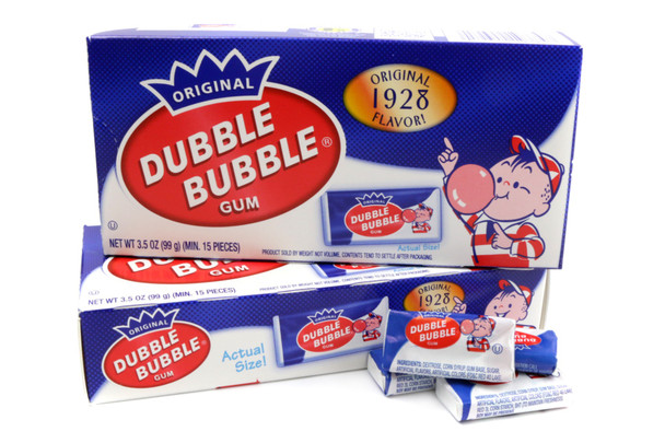 24 count nostalgic Dubble Bubble classic pink bubble gum boxes, 25 pieces, 3.5 oz each.